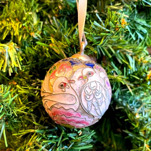 Vintage Nyco Cloisonne Christmas Round Ball Ornament Turtle Doves Silver Enamel - Picture 14 of 14